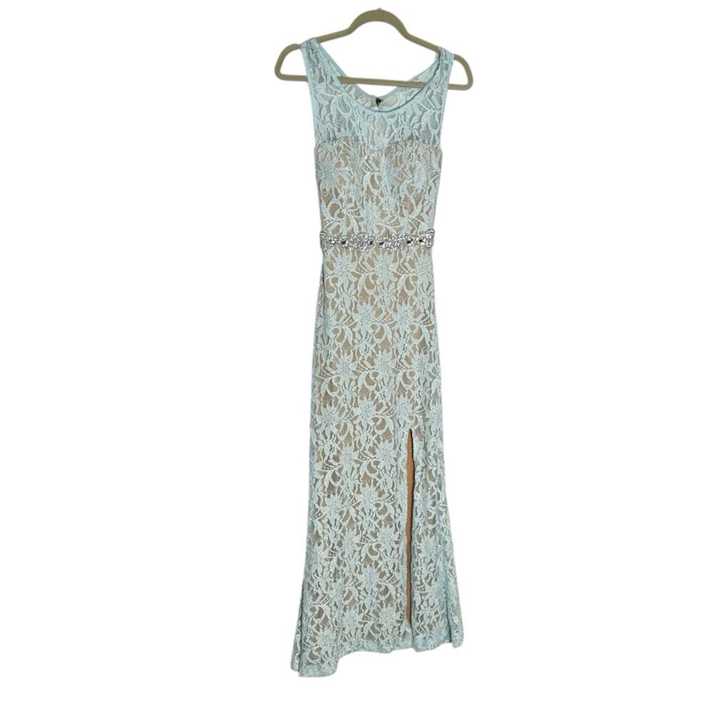 Deb 2000’s Lace Overlay Blue Open Back Cut Out Rhinestone Formal Maxi Dress 7‎